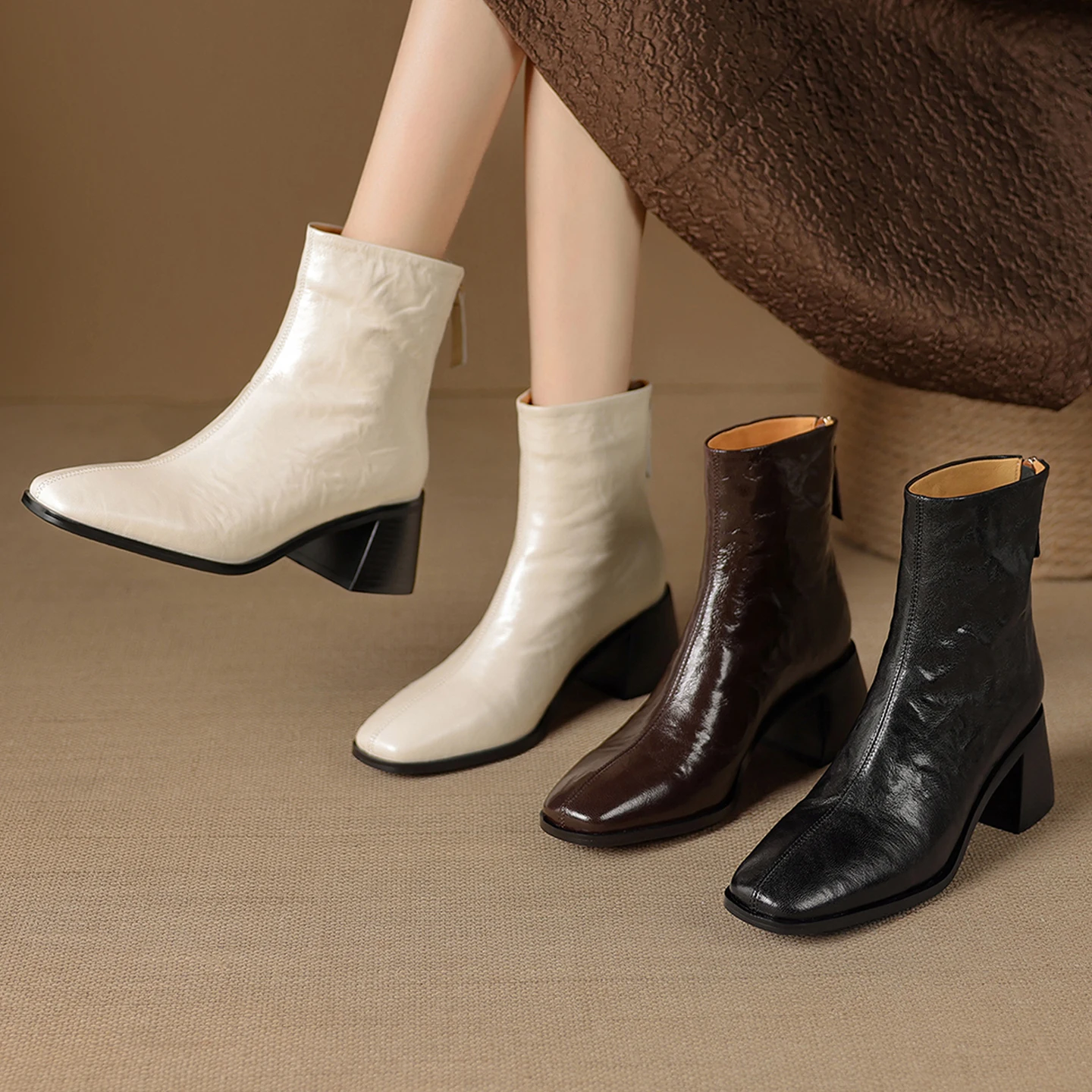 2026 new autumn winter women ankle boots natural leather plus size 22-25cm sheepskin square toe back zip short boots fashion