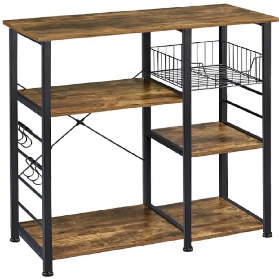 

4Tier Kitchen Baker's Rack Coffee Bar Microwave Stand Cart with Wire Basket 6 Side Hooks Kitchen Organizer Shelf for Spices Ute