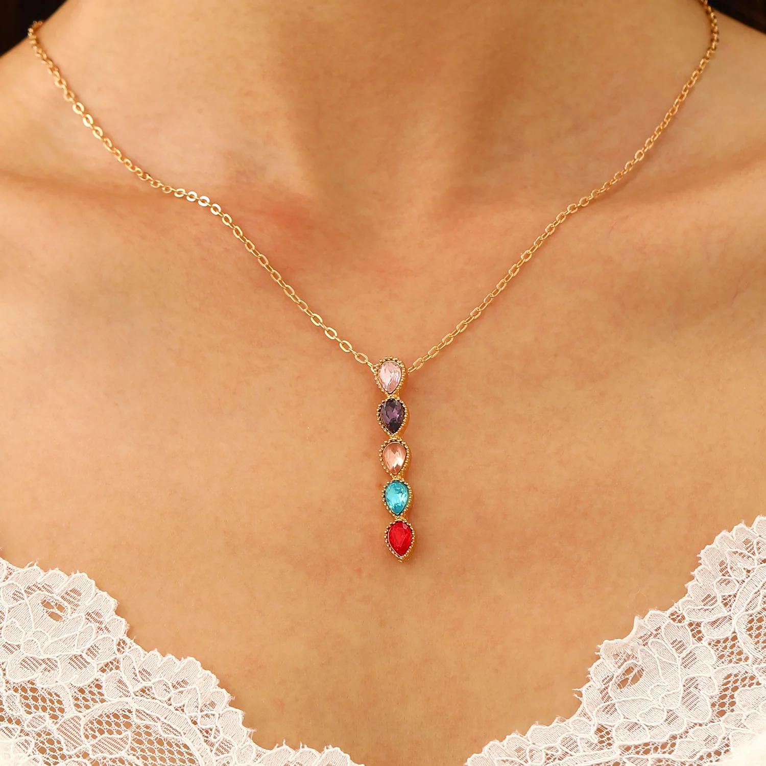 البيضاوي الزجاج سبائك قلادة قلادة المرأة الملونة قوس قزح حجر سحر شكل قلب المنجد سلسلة مجوهرات هدية #2