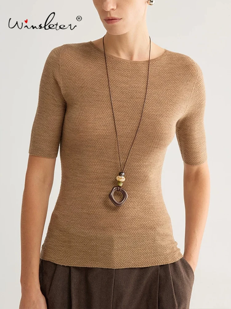 Winsleter-100%Wool Elegant Sweater, Slash Neck Short Sleeve, Women Commute Seamless Slim Knit Sweater, 2026 Autumn New T68310CC