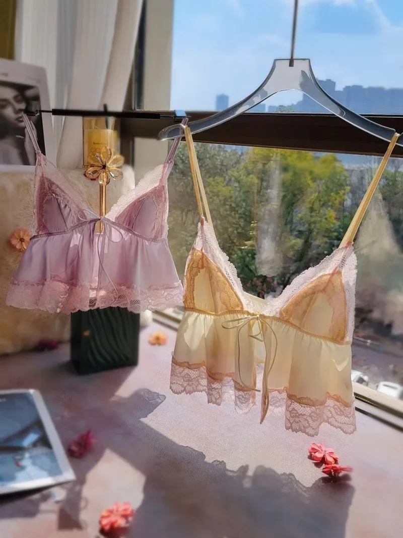 French Pajamas for Women Sleepwear Suspender Sleep Tops with Shorts Pajama Set 2025 New Sexy Lace Loungewear with Chest Pad