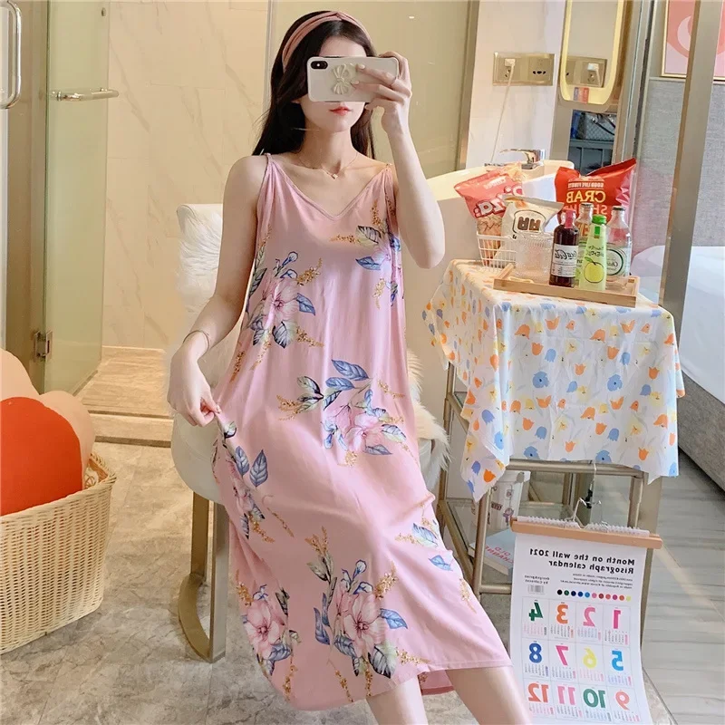 Classic Suspender Nightdress Women Summer Thin Sexy Artificial Cotton Silk Nightgowns Female Japanese Style Pajamas Loungewear