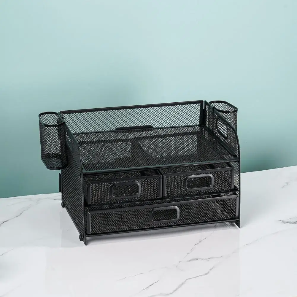 Desktop File Rack Mesh Desk Organizer with 3 Drawers Pen Holders Carbon Steel Frame File Folder Rack for Office for Home