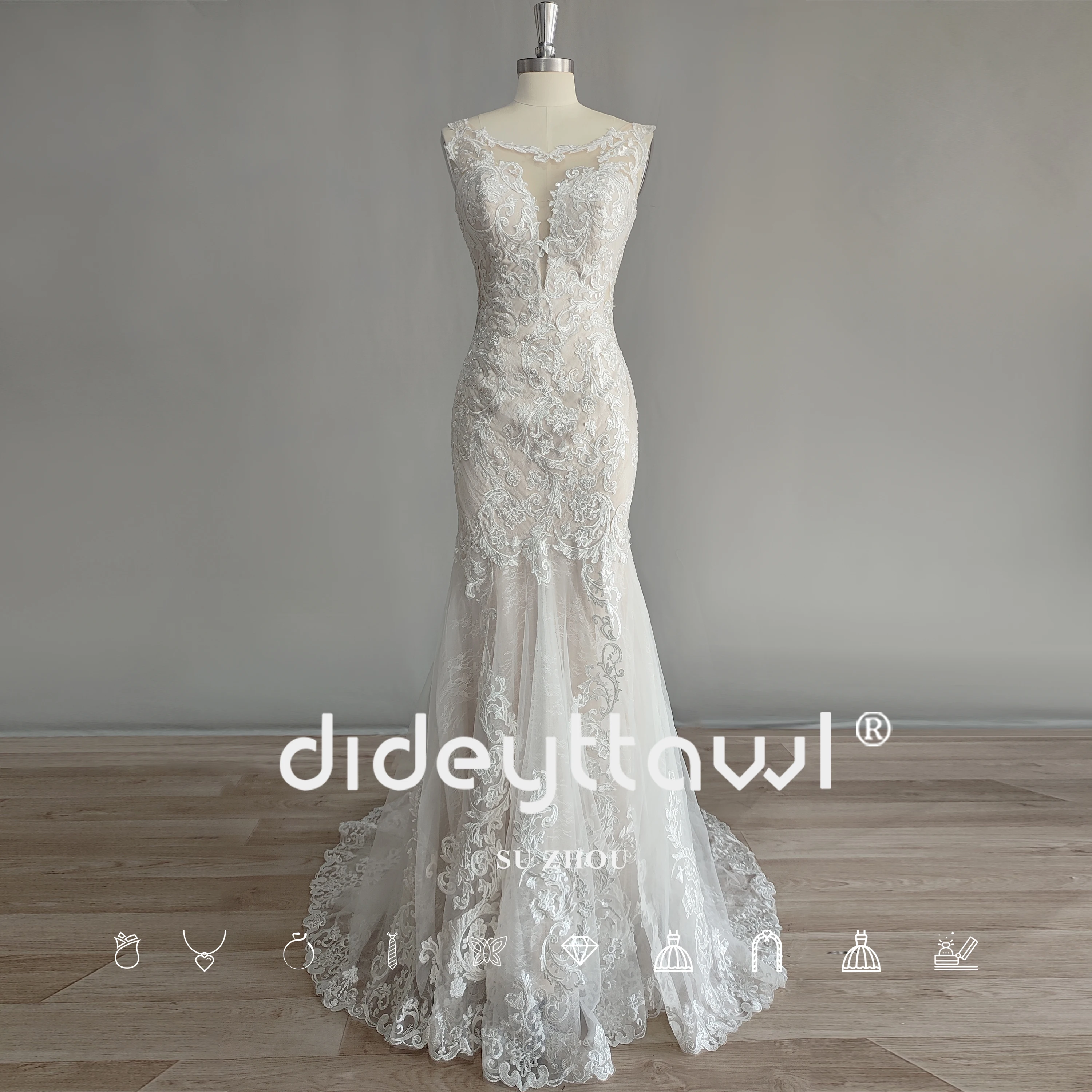 DIDEYTTAWL Real Picture Sleeveless O Neck Tulle Mermaid Wedding Dress Lace Appliques Open Back Bridal Gown Custom Made