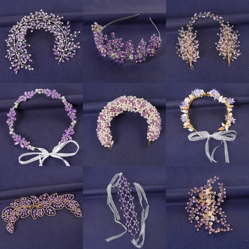 Purple Crystal Hairband Tiara For Women Party Rhinestone Pearl Headband Bridal Wedding Hair Accessories Jewelry Comb Band Tiara