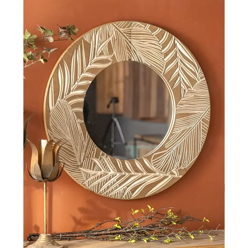 Retro Farmhouse Entryway Wood Mirror Luxury Round Rustic Solid Wood Wall Decor for Home Living Room
