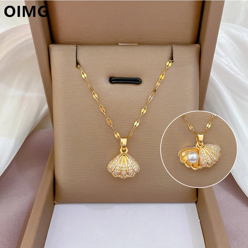 OIMG 316L Stainless Steel Elegant Temperament Shy Shell Pearl Pendant Necklace For Women New Luxury Girls Sexy Clavicle Chain