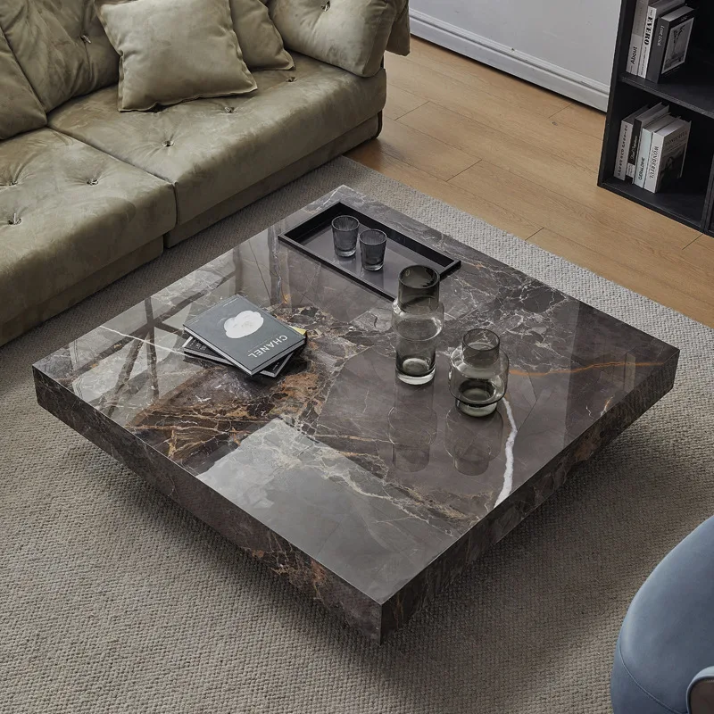 Italian Minimalist Style Slate Square Coffee Table With Stainless Steel Frame, Living Room Furniture