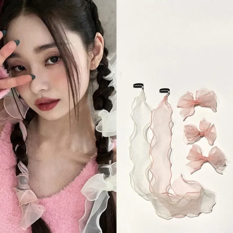 Mesh Bow Headband Double Ponytail Braided Ribbon Long Pink Lace Headband Women Korean Streamer Lustrous Super-Fairy Braided Hair