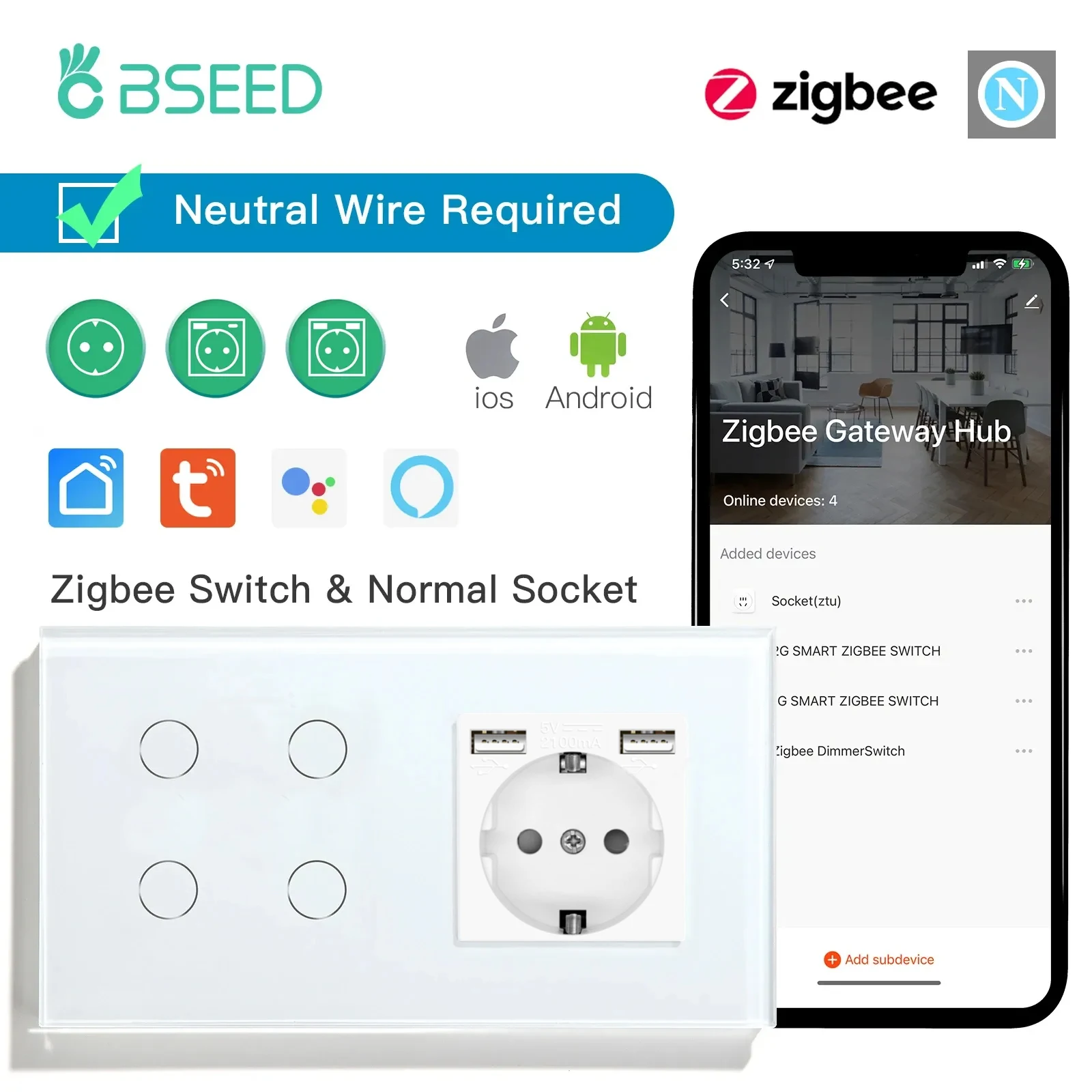 BSEED ZigBee Touch Schalter 1/2/3Gang 1/2/3Way Sensor Wand Licht Schalter Smart tuya Alexa Mit EU Standard Typ-c Steckdose