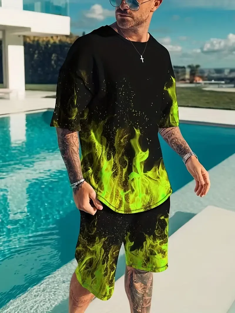 2024 Summer New Casual Men\'s Short Sleeve Set, Two Piece T-shirt+Shorts Fire Water Pattern Men\'s Street Wear, US sizes clothes
