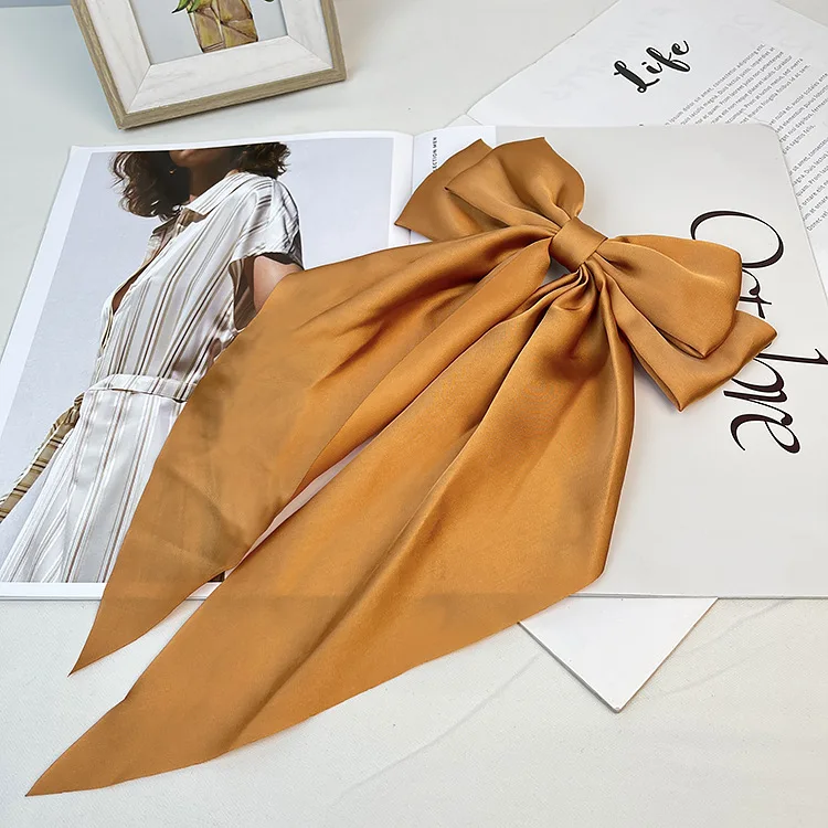 

Удлиненная заколка для волос с лентой, однотонный атласный большой бант для хвоста и булочки, женский элегантный аксессуар для волос на затылке A