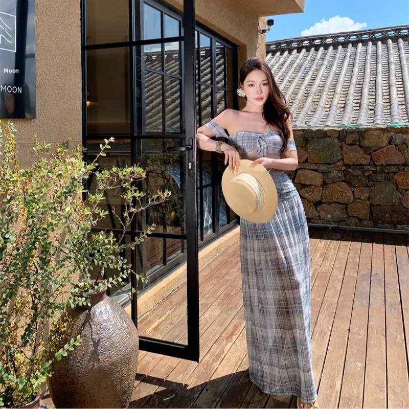 

Beach Vaion Blue Plaid One-oulder Tube Top And Skirt Set Women's Faion Slim Fit ort Sve Sweet Sle Ensemble