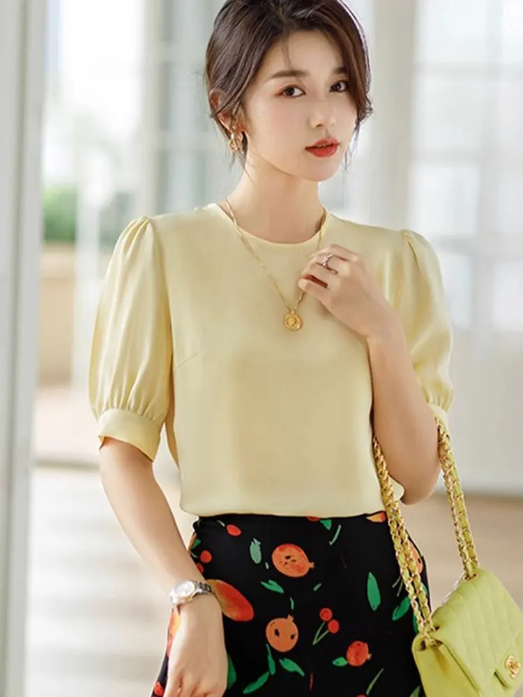 

Ele Color irt Ретро Sli round Ne Bubble Sve Топ Летняя облегающая шифоновая блузка Корейский Sle Commute irt