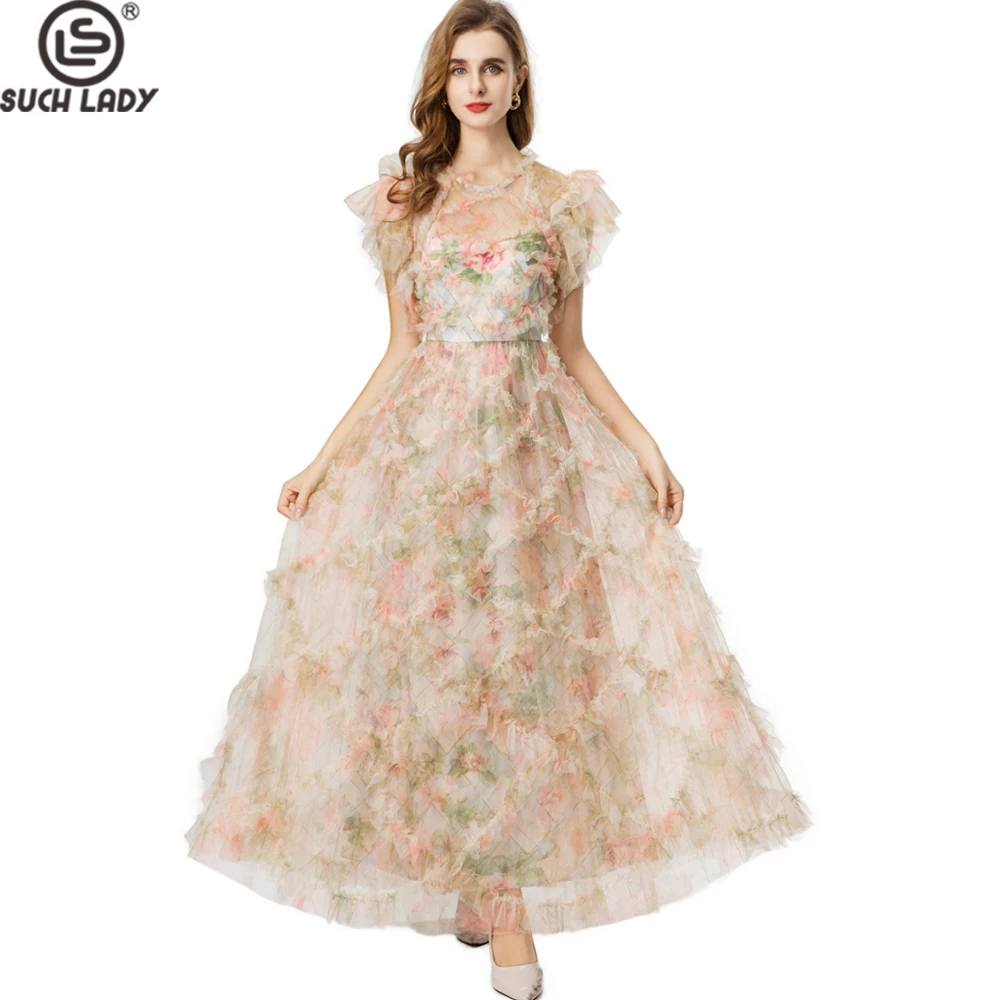 Vestido maxi de tule com estampa floral, blush macio e requintado, mangas curtas com babados e saia multi em camadas para ocasiões especiais