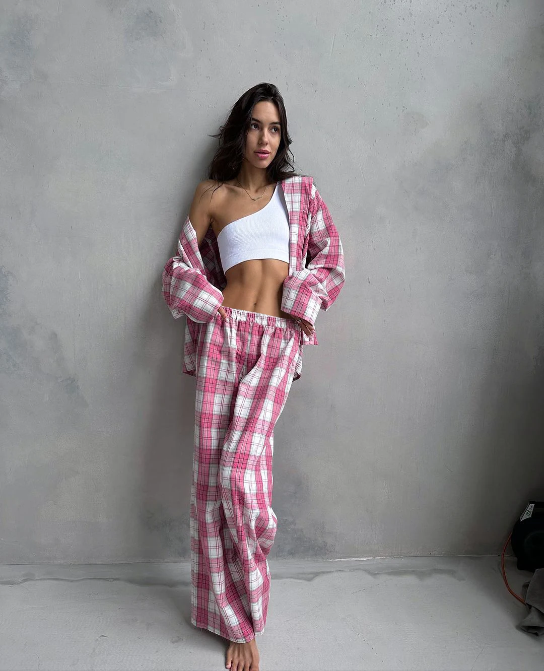 2024 2 Piece Set Outfit Female Pink Plaid Pants Suits Two Pieces Women Lattice Shirts High Waist Wide Leg Pants Two Piece Set