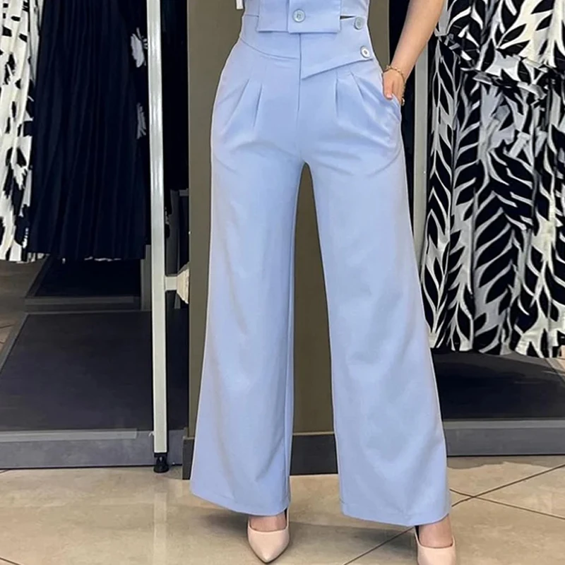 Waytobele Women Two Piece Set Summer Casual Solid Lapel Sleeveless Nipped Waist Button Top Irregular Loose Wide Legs Pants Sets