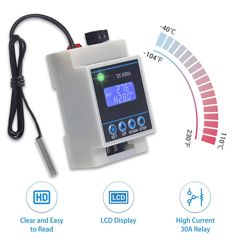 A14M 5X XY-DT01 เครื่องควบคุมอุณหภูมิแบบดิจิตอล -40-110 ° C พร้อมจอแสดงผล LCD และเซ็นเซอร์กันน้ํา