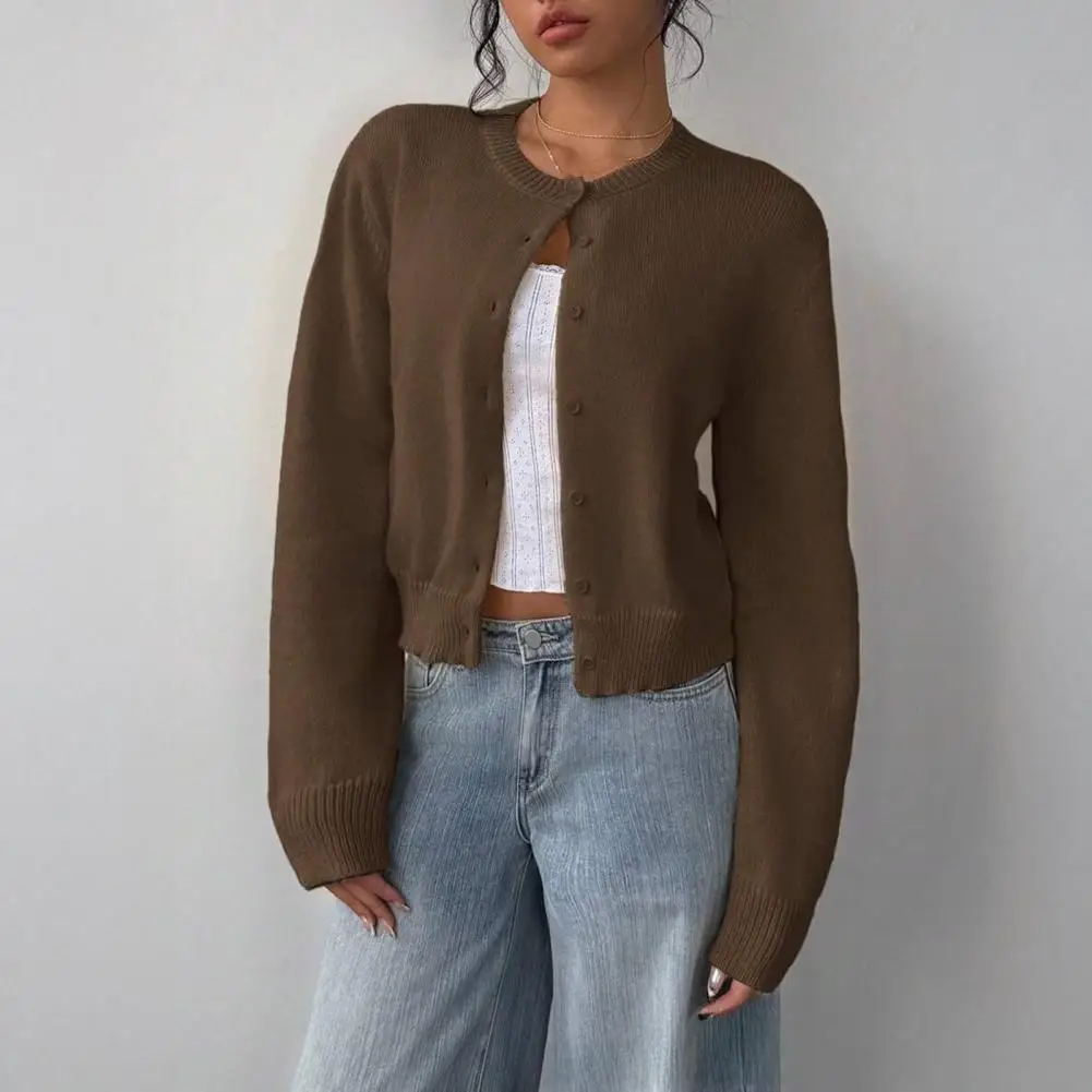 Spring Autumn Sweater Round Neck Knit Sweater, Solid Color Button-Up Cardigan for Fall Winter, Casual Long Sleeve Short Knit Top