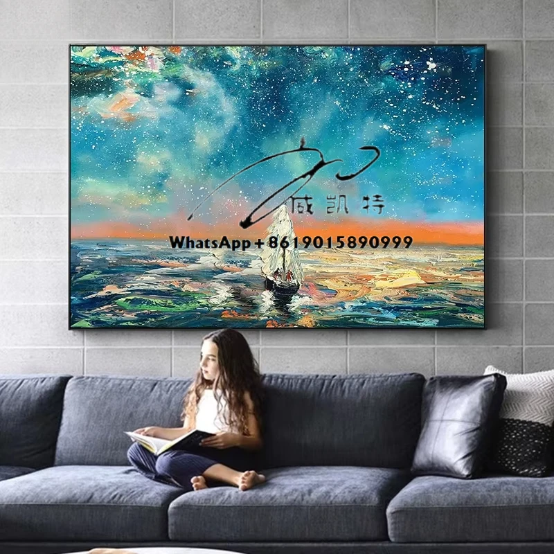 Large Abstract Sailing Mural Hand-Drawn Sea Star Decorative Painting on Canvas Supports Seascapes