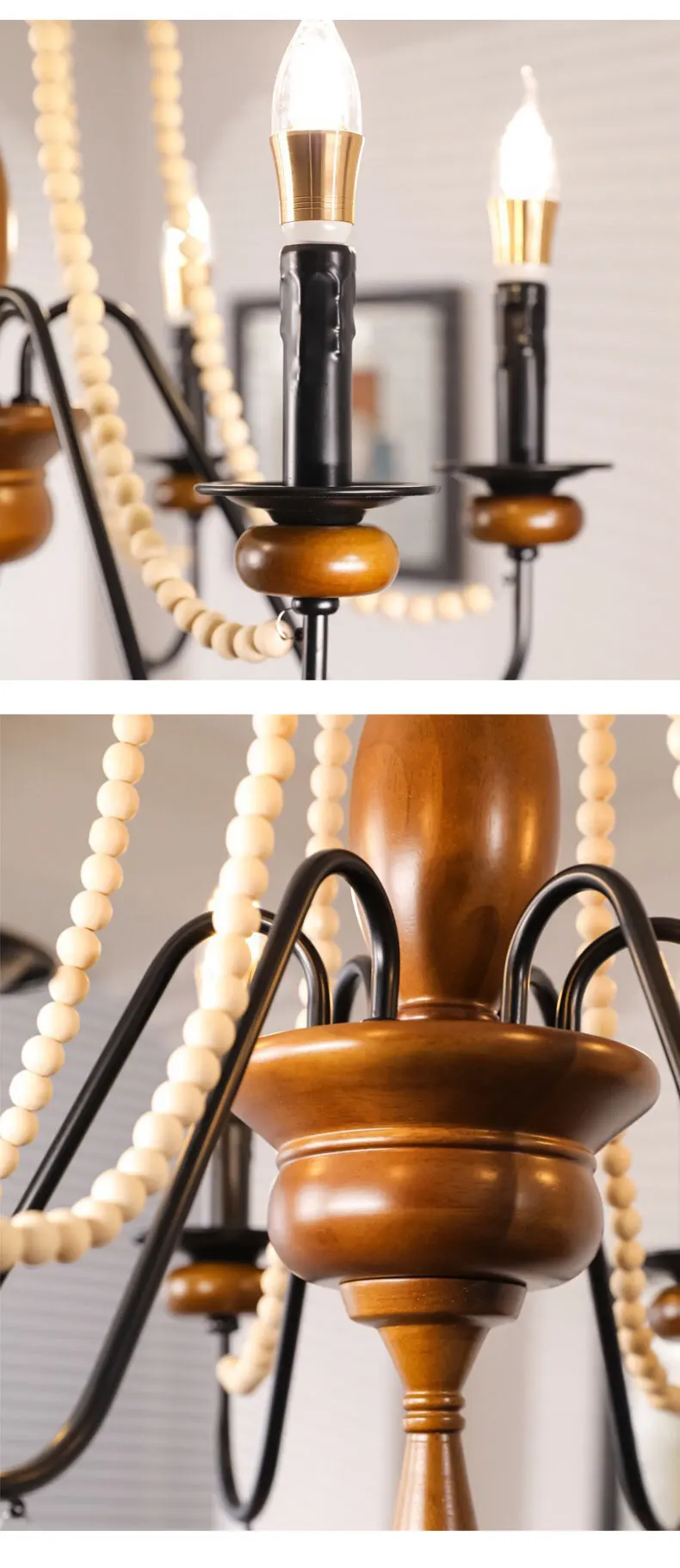 American Retro Wood Candle E27 Chandelier French
