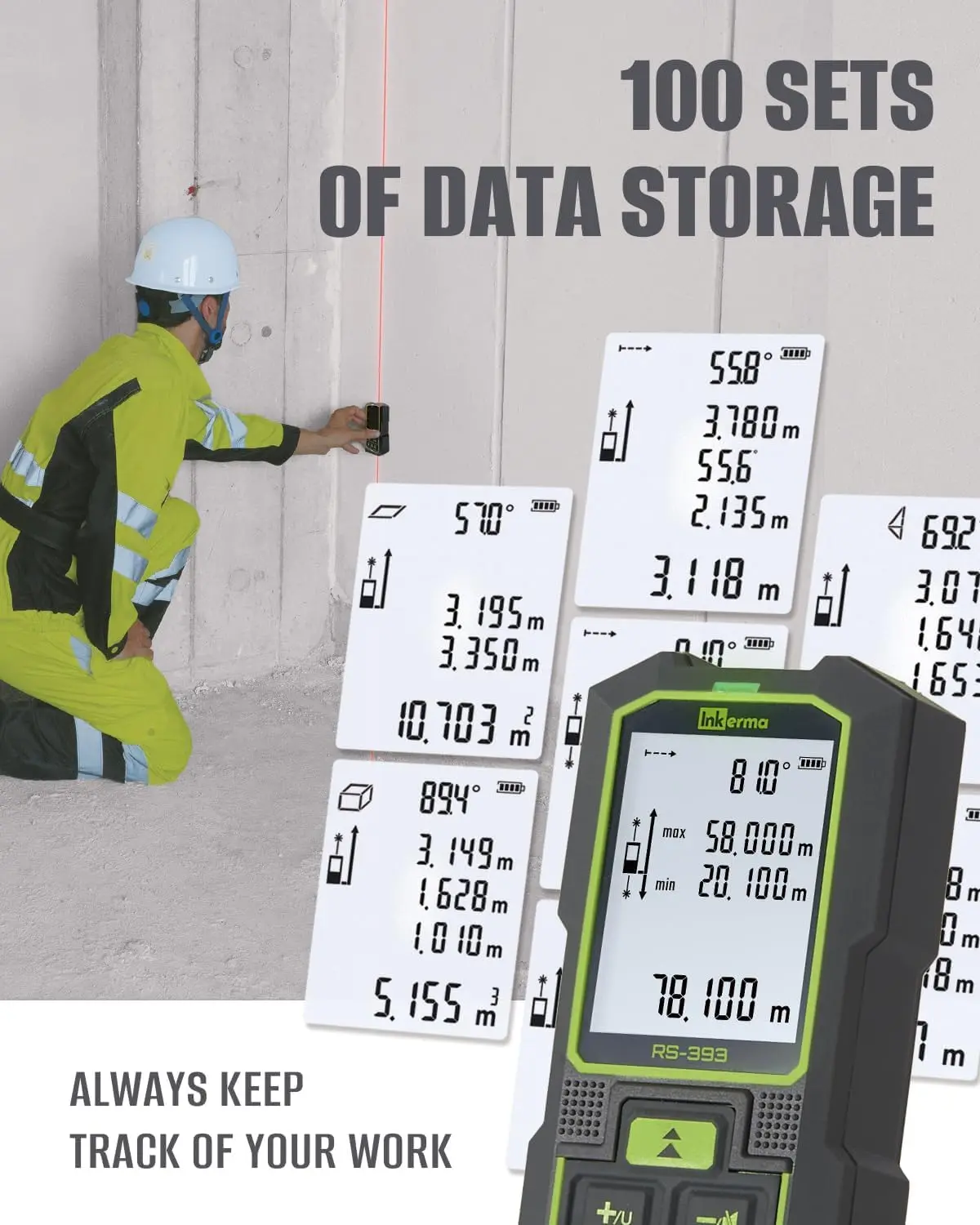 393Ft/120M Dual Laser Distance Meter, Rechargeable with Angle Sensor, Area/Volume/Pythagorean Modes
