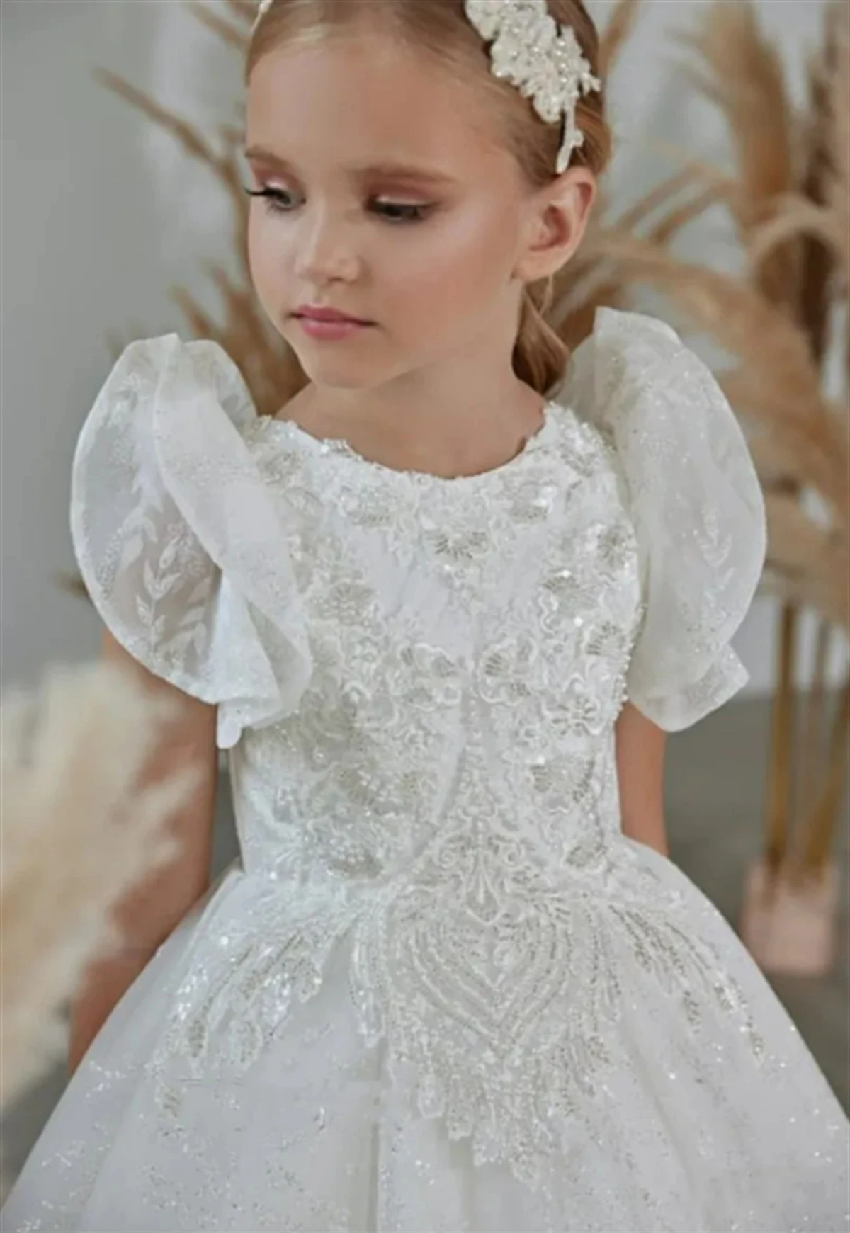 Flower Girl Dress White Fluffy Stain Lace Sparkle Wafer Wedding Elegant Flower Child's First Eucharistic Prom Party Dress