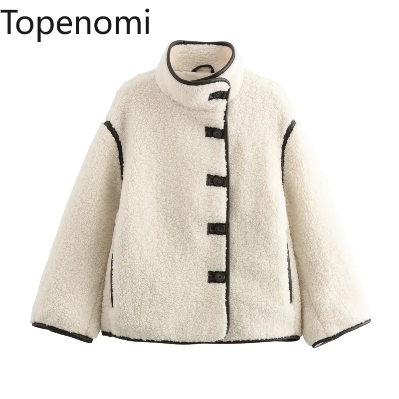 Topenomi Winter Lamb Wool Jacket Women Stand Collar Single Breasted Long Sleeve Coat 2024 Fashion High Street Thick Warm Tops