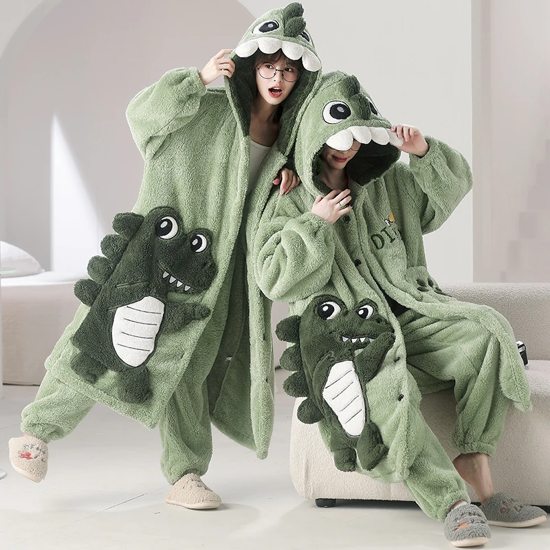 

Kigurumis Winter Pajamas Robes Women Men Dinosaur Thick Warm Plush Nightgown Fleece Long Gown Couples Nightdress Pijama suit