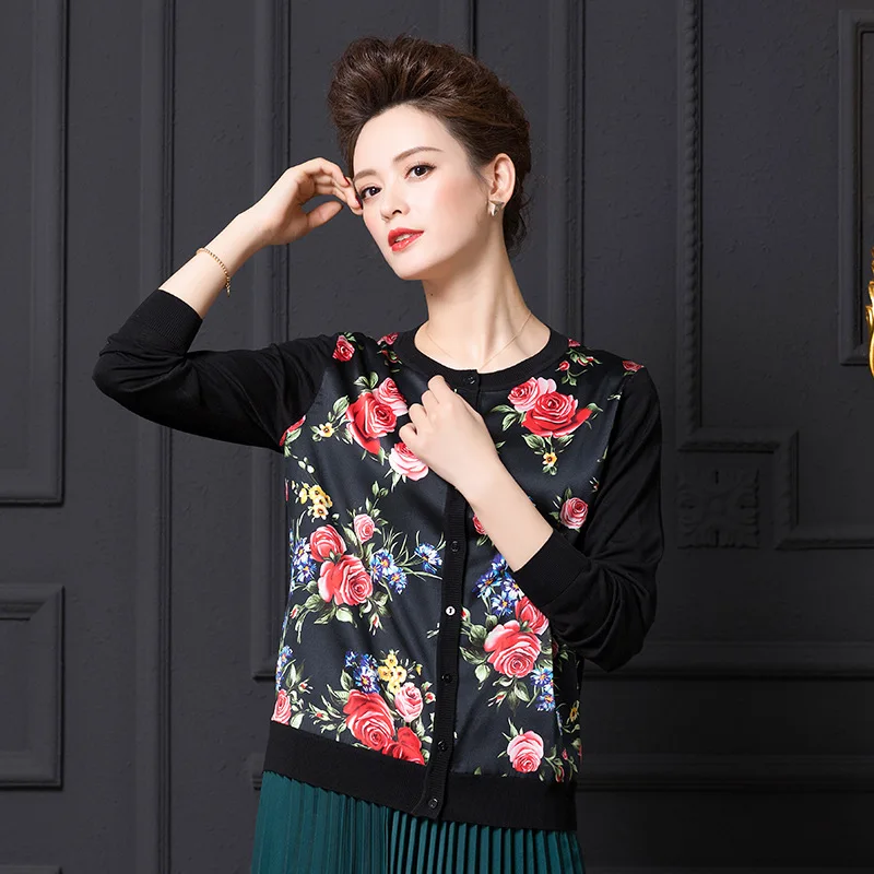 Birdsky, 1PC Women cardigan sweater outwear top long sleeve 90.2% mulberry silk 9.8% spandex flower print, Black S-919