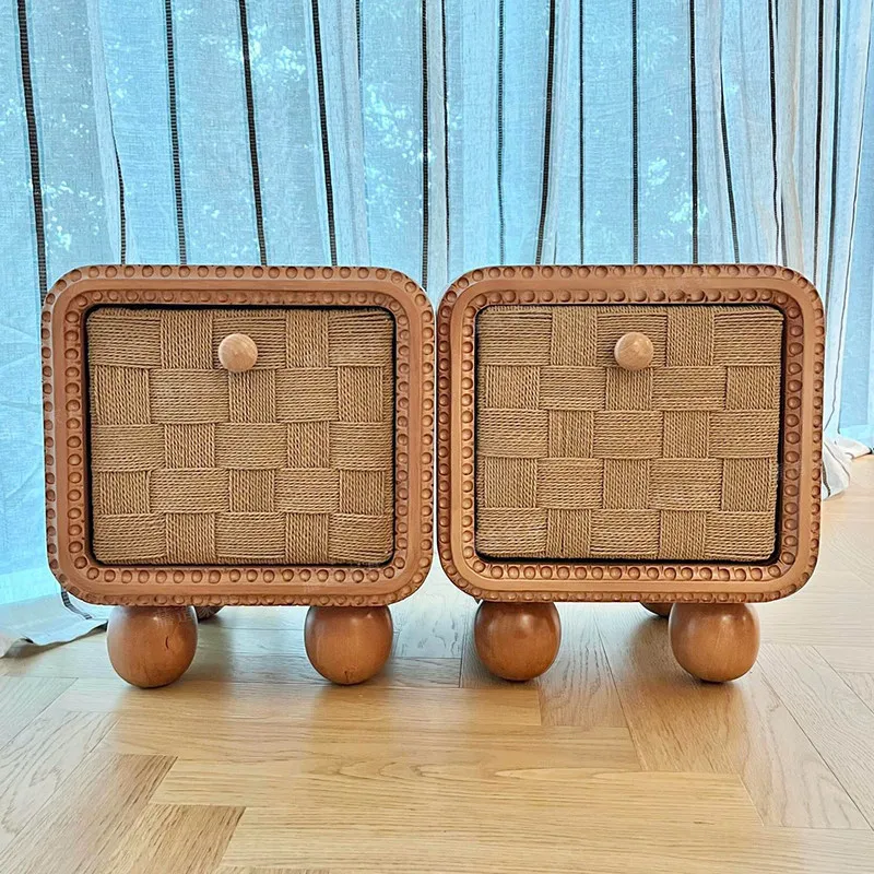 French retro solid wood bedside table removable rope braided door Danish designer round foot bedroom single door storage