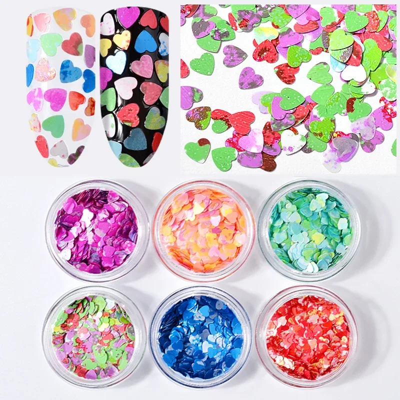 6 Colors Packed Nail Art Accessories Heart Shape Mixed Sequins Laser Colorful Decoration DIY Nail Glitter Dotted Ornaments