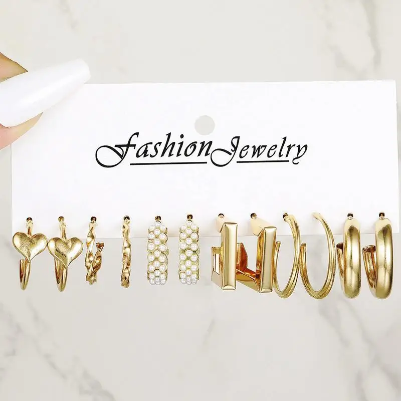 Set of 6 Pairs Gold/Silver Hoop Earrings with Heart & Pearl Details (Sold Separately)