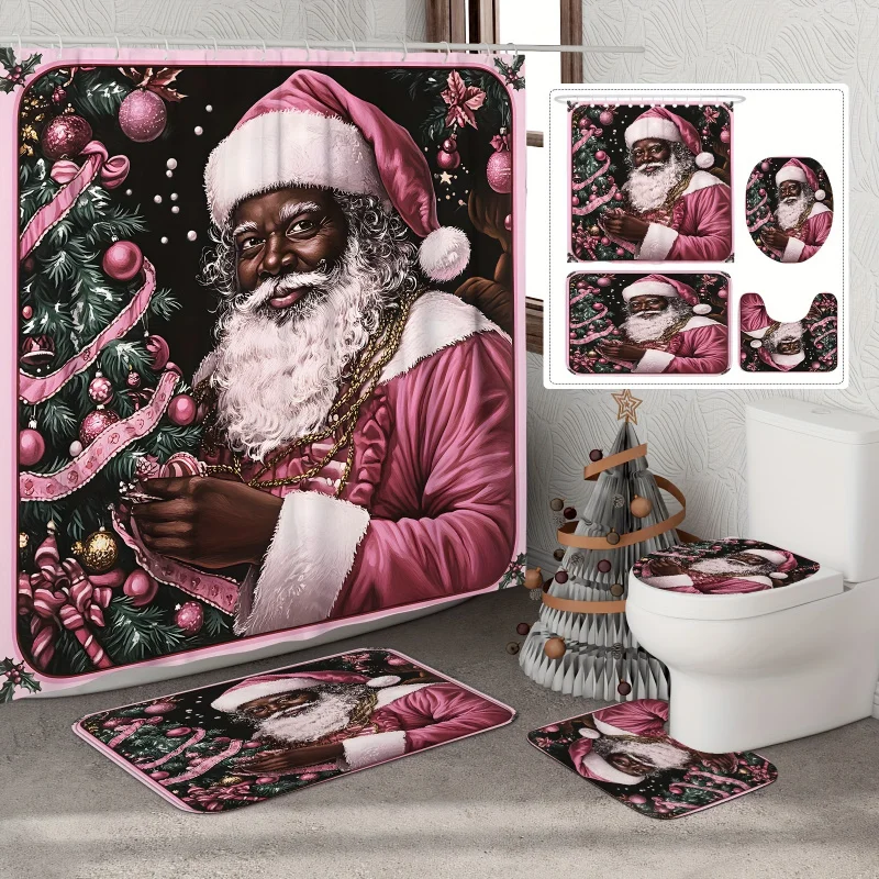 1/4PCs Christmas winter set: waterproof polyester Santa tree ball funny pink black shower curtain with 12hooks, N