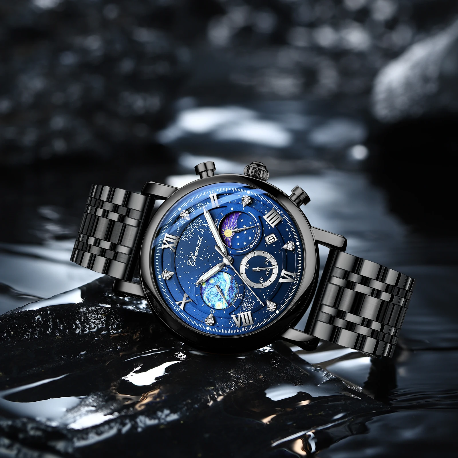 Chenxi 972S marca de lujo reloj de cuarzo de acero para hombre fase lunar deporte relojes de pulsera impermeables cronógrafo reloj Masculino