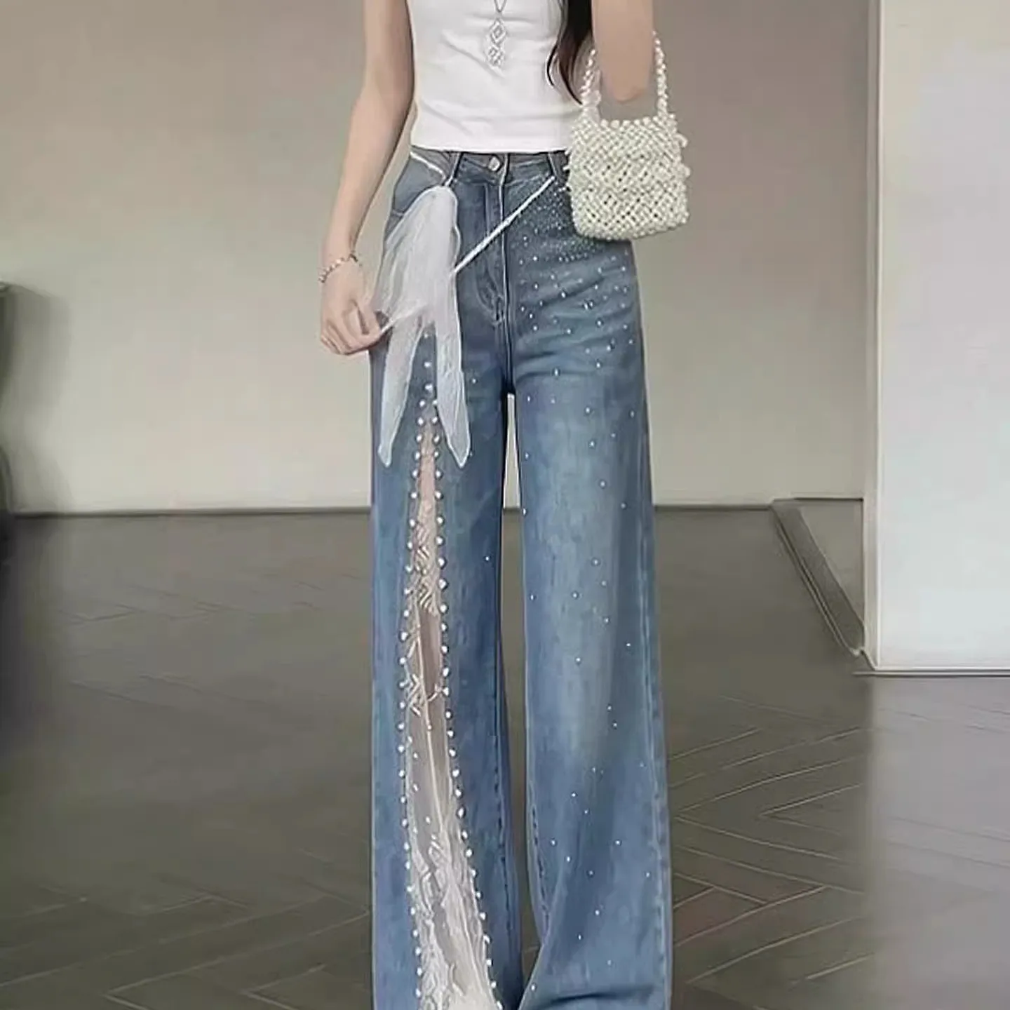Straight-leg jeans with lace and pearl splicing design, blue high-waisted loose slim fit jeans