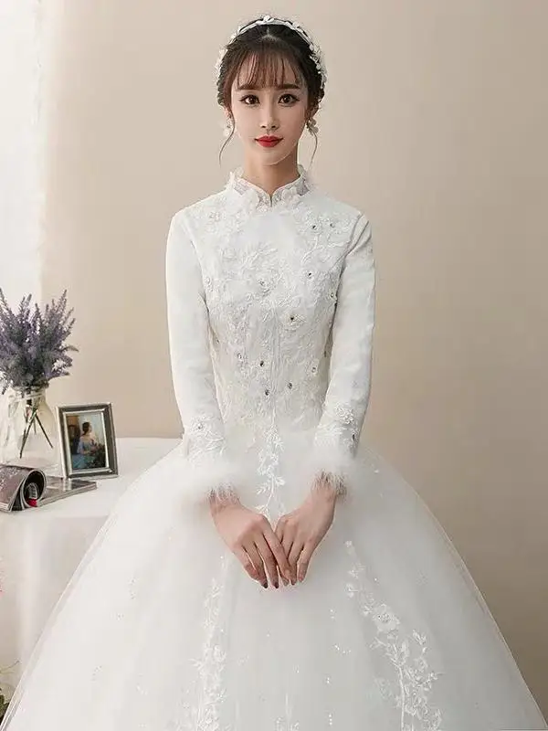 

Ele 2024 New Lightweight ort Stature Wedding Dr Fre Outdoors Long Sve Thi Warm Outdoor Skirt Winter Wear