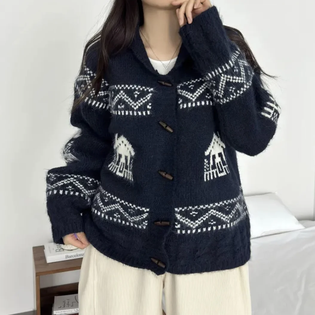 เสื้อคลุมคาร์ดิแกนไหมพรมสไตล์วินเทจ คอปกติดกระดุม สำหรับฤดูใบไม้ร่วงและฤดูหนาว ให้ความอบอุ่น ทรงตรง ยาว สำหรับผู้หญิง...