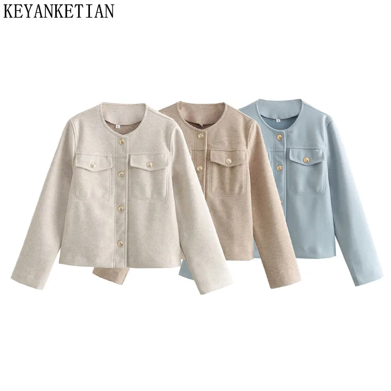 

KEYANKETIAN Autumn And Winter New Women Round Neck Long Sleeved Single Breasted Double Pocket Woolen Jacket Women Woolen Jacket