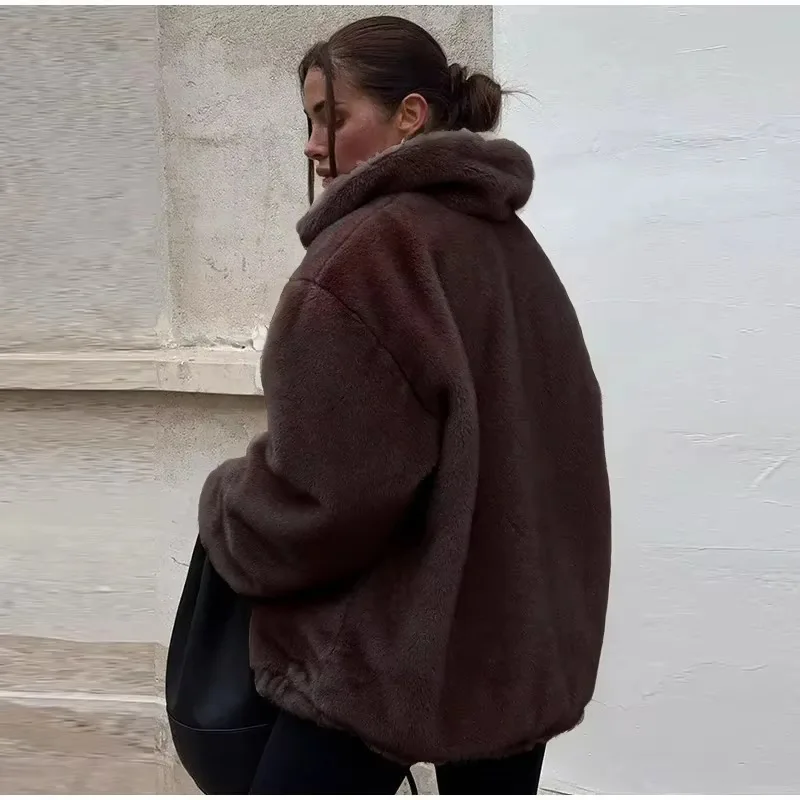 European and American Retro Pullover Mink Sweater Warm Solid Color Fur Jacket Top Stand-up Collar Brown Imitation Fur Jacket New