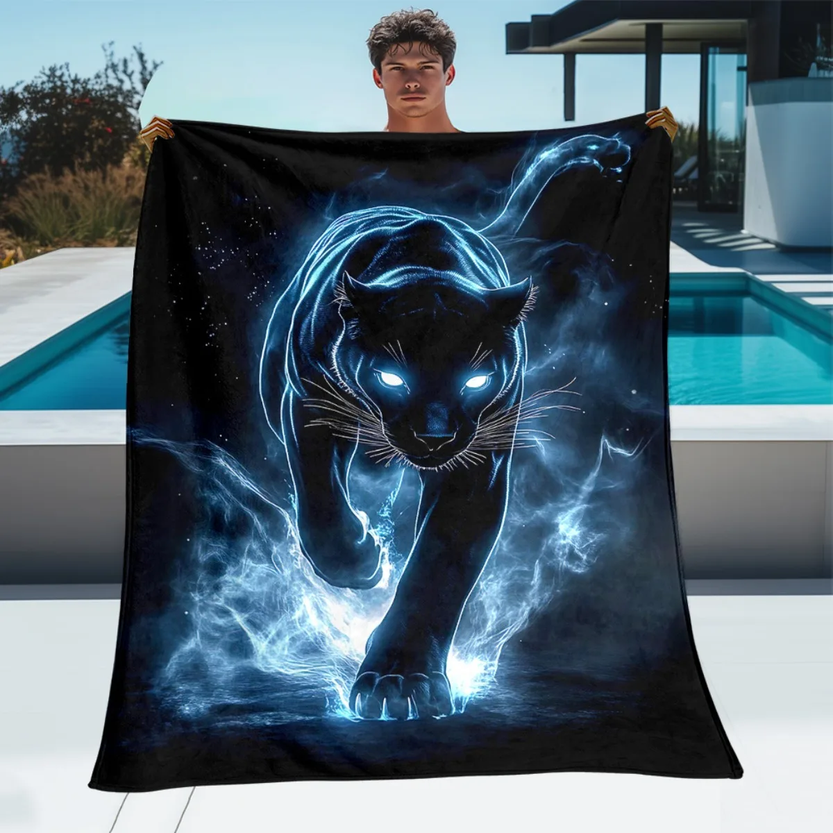 A Single Piece of Panther Blanket Featuring a Blue, Enchanting Glow, Made of Lightweight Flannel. Ideal for Home Decor, It Can B