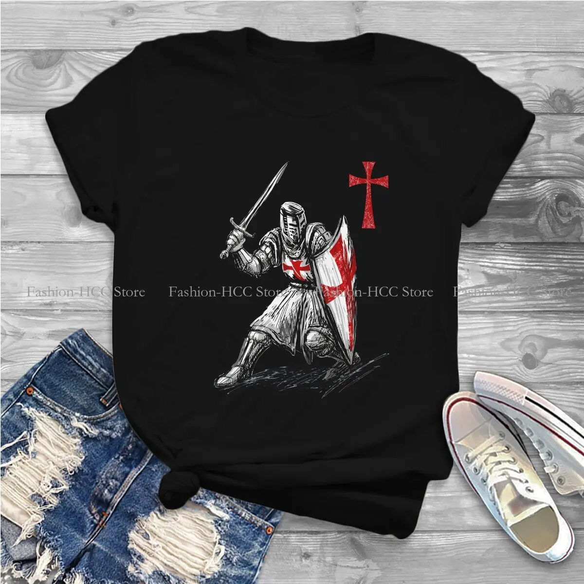 Christian Red Cross Hipster Polyester TShirts Templar Knight Women Harajuku Tops T Shirt Round Neck