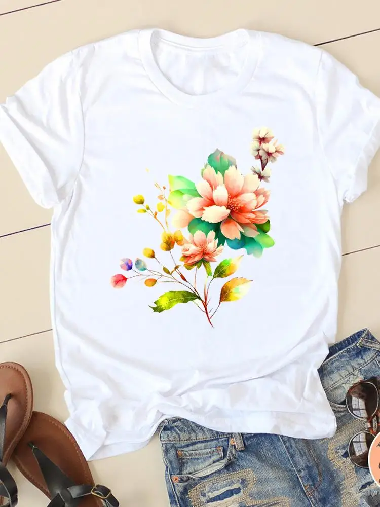 Camiseta feminina casual senhoras gráfico t roupas carta flor 90s moda roupas impressão branco manga curta o-pescoço camisetas