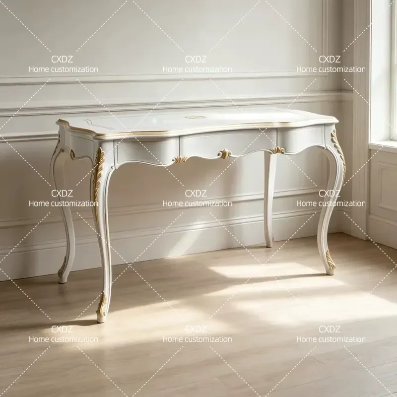 French Retro Solid Wood Desk American Gold Painted Engraved Writing Table Household Bedroom Dressing Table