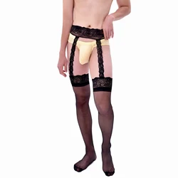 CLEVER-MENMODE Sexy Stockings Men's Mesh Sheer Lace Suspender Pantyhose Transparent Underwear Open Crotch Nightwear