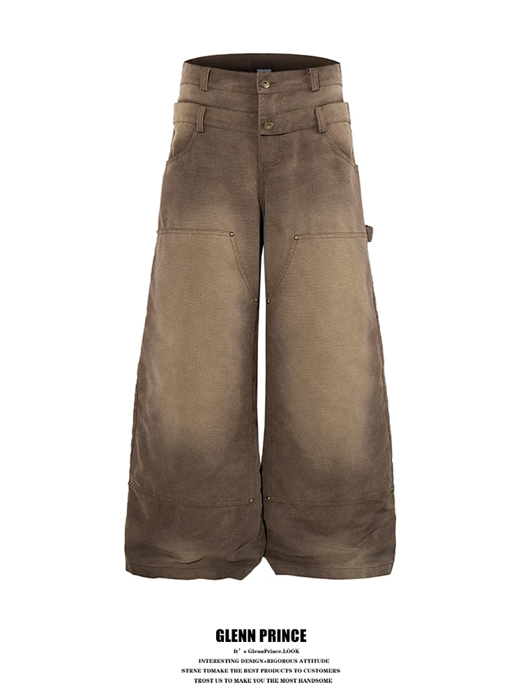 

Retro Waed Double Waist Silhouette Men's Jeans Trendy Brand Dra Wide Leg Workwear Pants Cotton 00% Straight Cut Loose Fit