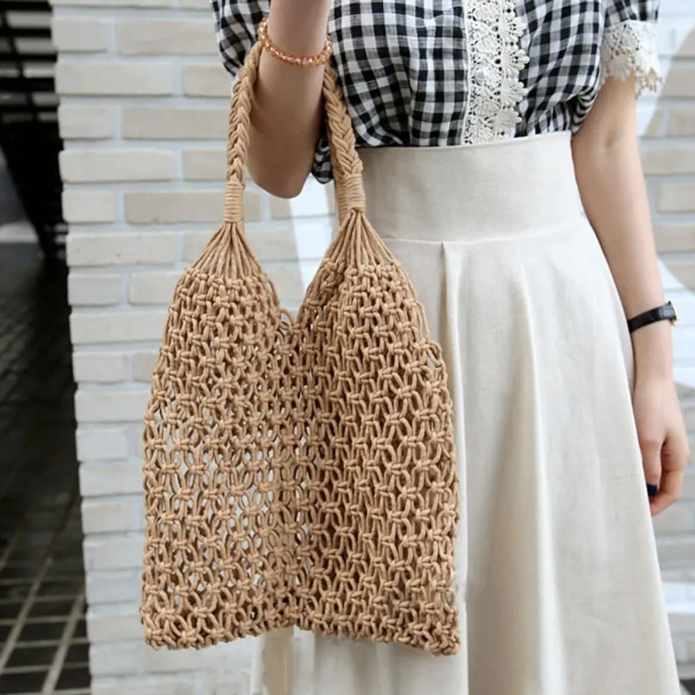 Hand-Woven Straw Bag Women Handmade Hollow Handbag Female Rattan Shoulder Bag Big Capacity Summer Casual Travel Beach Tote Purse