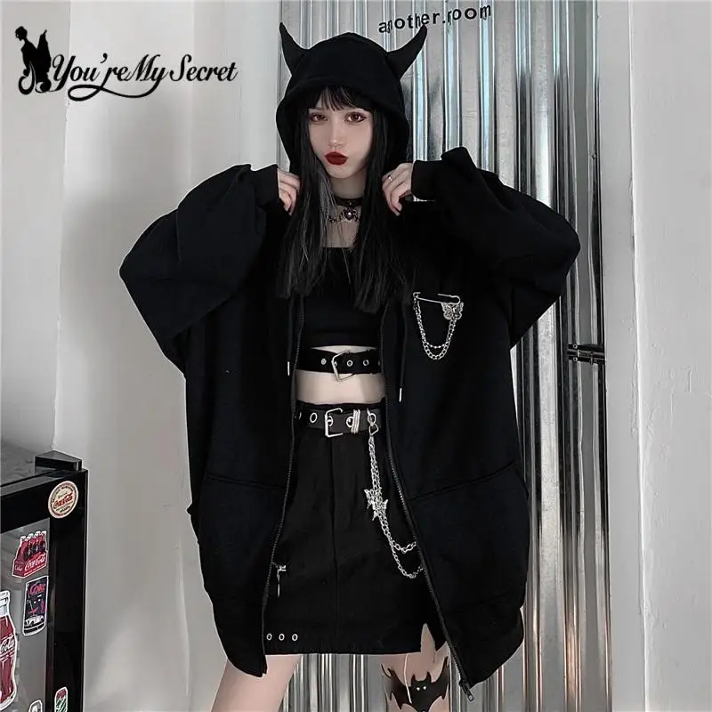 [You\'re My Secret] Gothic Punk Black Women Hoodies Sweatshirts Printed Long Sleeve Hoodie Female Loose Coat Hooded Autumn Winter