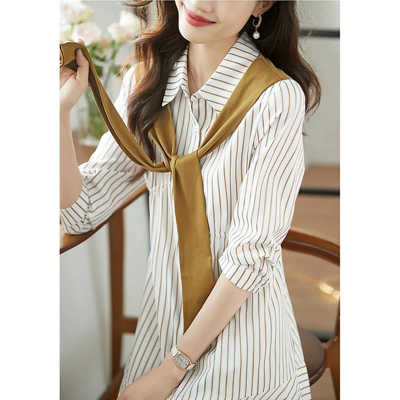 Fashion Lapel Button Spliced Lace Up Folds Striped Casual Dresses Women's Clothing 2024 Summer New Loose Commuter Mini Dress