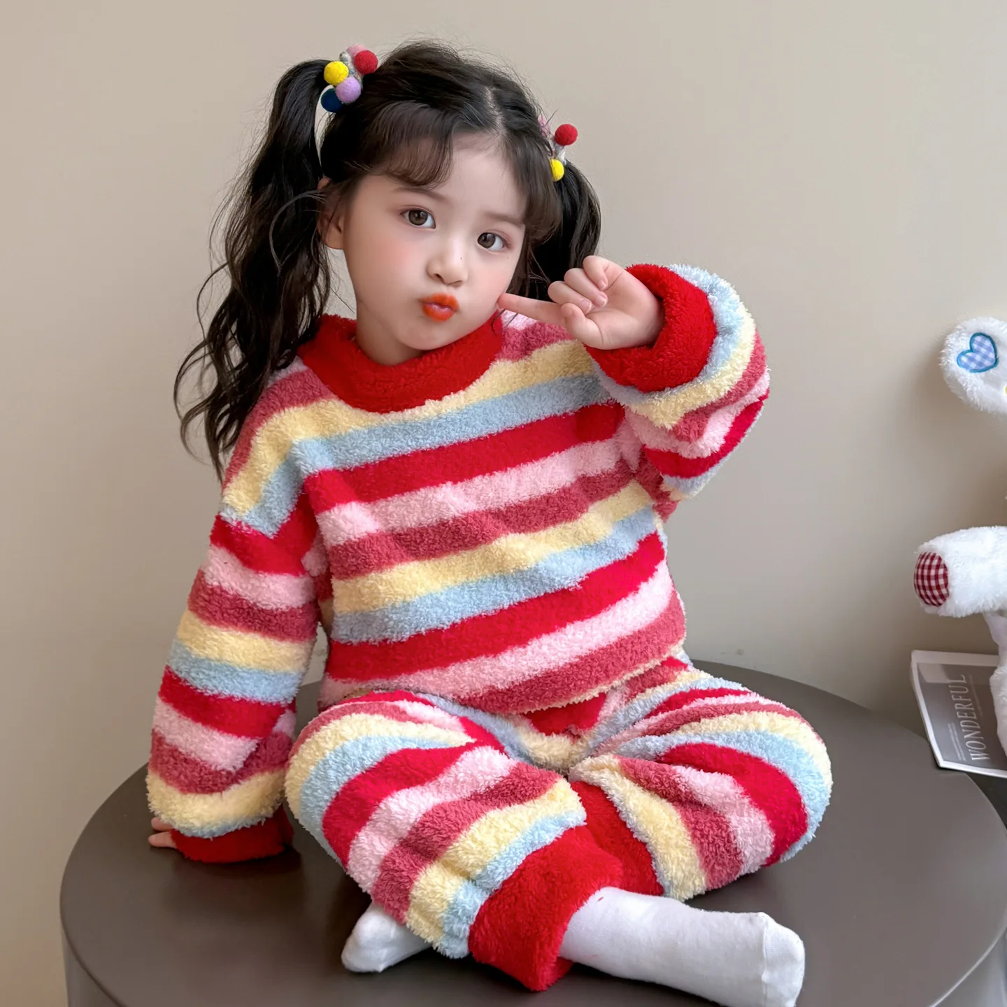 

Girl Pajama Set 2025 New Autumn Winter Girls Baby Rainbow Stripe Casual Home Clothes Beautiful Colored Clothing Children Suit